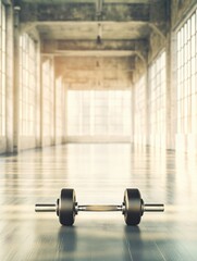 Poster - Well used dumbbell resting on the polished floor in an empty gym at sunset. Generative AI