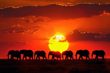 Poster - Herd of elephants walking against a stunning sunset in the savanna, creating a tranquil atmosphere at dusk