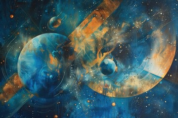 Aufkleber - Vast cosmic landscape featuring swirling nebulae and multiple planets in a mesmerizing night sky filled with stars
