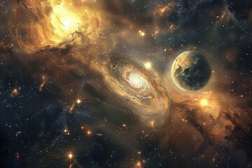 Aufkleber - Vast cosmic landscape featuring swirling nebulae and multiple planets in a mesmerizing night sky filled with stars