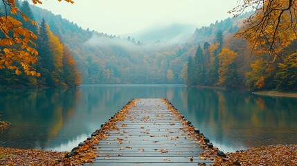 Poster - Misty autumn lake, wooden pier, colorful foliage, tranquil scene, nature backdrop