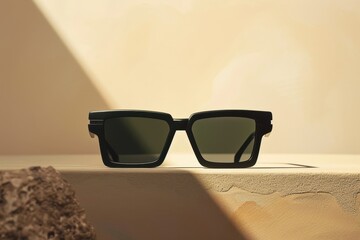 Aufkleber - Modern black sunglasses displayed on a textured concrete pedestal with soft lighting in a contemporary setting