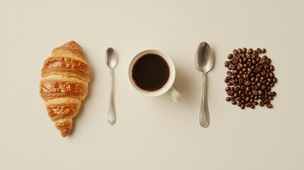 Aufkleber - Enjoying a morning coffee with a flaky croissant and fresh coffee beans on a simple white table setting. Generative AI