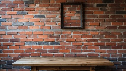 Poster - Brick wall pattern with empty frame and wooden table in a cozy interior setting for home decor and design inspiration.