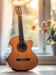 Poster - Beautiful acoustic guitar resting next to a sunlit window with soft bokeh lights in the background. Generative AI