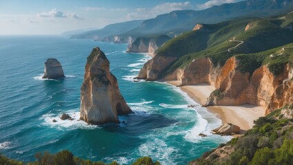 Wall Mural - Stunning Coastal Panorama with Majestic Cliffs and Serene Blue Waters under Clear Skies