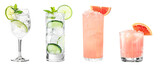 Gin and Tonic, Paloma cocktail PNG set bundle, transparent isolated background. Mixology, bar menu cocktails, colorful vibrant refreshing drink with garnish