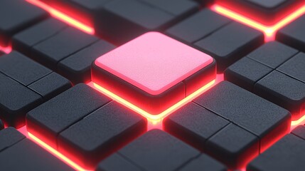 Pink button, glowing grid, abstract background, technology concept