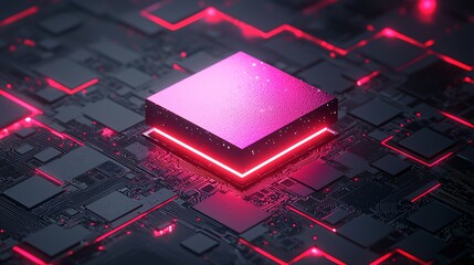 Pink chip on circuit board, glowing red. Tech background