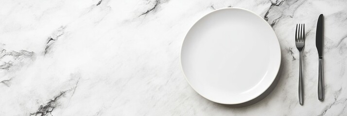 Aufkleber - Empty white plate with silver fork and knife placed on a marble countertop ready for serving a meal. Generative AI