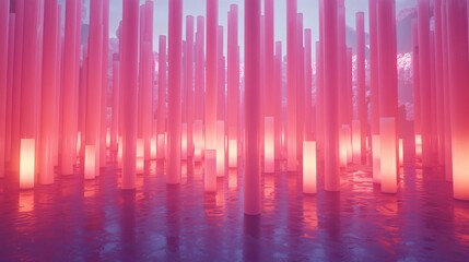 Wall Mural - Pink illuminated pillars reflecting in water, fantasy landscape, digital art, website background