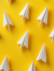 Fototapete - Group of paper planes flying in one direction with one pointing in another, symbolizing innovative thinking and creativity. Generative AI