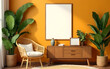 © Alongkorn - Relaxing space with a natural rattan chair, a classic wooden dresser, and a bright yellow wall.