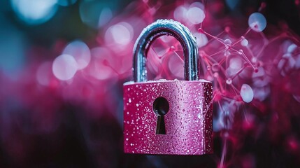 Pink padlock, data security, nature background, network concept