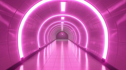 Pink neon tunnel, futuristic corridor, glowing lights, reflective floor, science fiction background