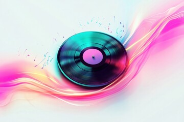 Poster - Colorful vinyl record spinning on a vibrant background with musical notes and waves. Generative AI