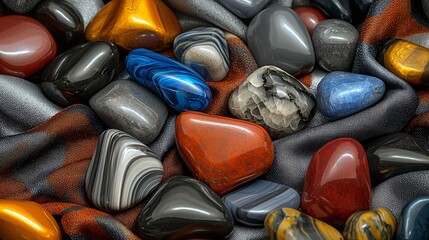 Wall Mural - Polished stones on silk fabric, close-up view