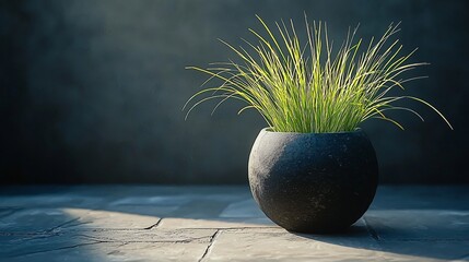 Wall Mural - Potted grass, sunlit floor, dark background, interior decor