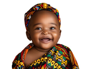 Adorable african baby smiling in colorful ethnic clothing, isolated on a transparent background