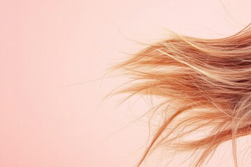 Poster - Close up of frayed hair tips with split ends against a soft pink background creating an ideal space for adding text. Generative AI