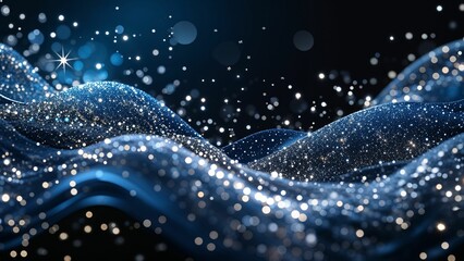 Abstract bokeh dark blue background with silver, light blue glitter sparkles and light reflections; grunge; creative wavy wallpaper