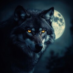 Poster - Majestic wolf with piercing golden eyes under a full moon in a dark forest setting. Generative AI