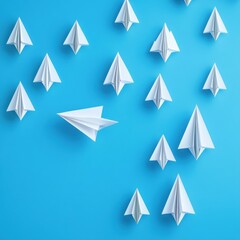 Fototapete - Group of paper planes moving in one direction with one plane pointing differently to symbolize innovation and creativity. Generative AI
