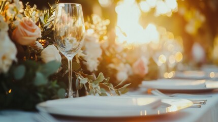 Poster - Elegant dinner setting adorned with flowers in a warm sunset glow perfect for evening gatherings and celebrations. Generative AI