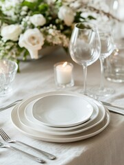 Poster - Elegant table setting with white dishes, candles, and floral centerpiece for a special occasion. Generative AI