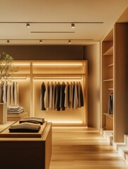 Aufkleber - Modern retail space showcasing stylish clothing with warm lighting and a minimalist design in a boutique setting. Generative AI
