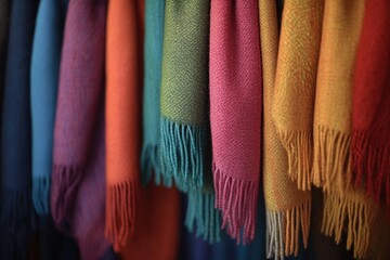 A collection of vibrant scarves displayed on a rack, perfect for fashion stores or promotional displays