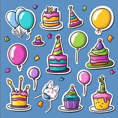 Leinwandbilder - Colorful festive stickers featuring balloons, party hats, cakes, and confetti for cheerful celebrations. Generative AI