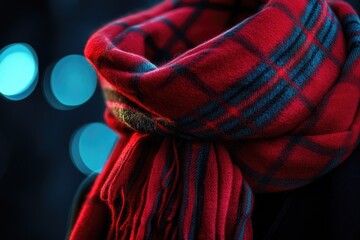 A person is shown wearing a vibrant red and blue scarf, perfect for outdoor adventures or cultural events