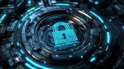 Glowing digital padlock with encrypted code exemplifying cybersecurity protection in neon blue light