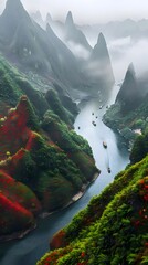 Wall Mural - Misty river, autumn foliage, China, boats, travel