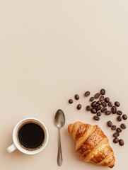 Aufkleber - Coffee and croissant flat lay showcasing a cozy breakfast moment with roasted coffee beans in a warm setting. Generative AI