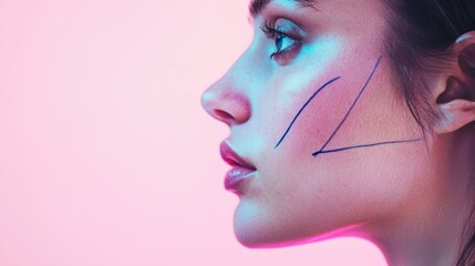 Aufkleber - Artistic portrait of woman with facial lines against a soft pink backdrop showcasing beauty and expression. Generative AI