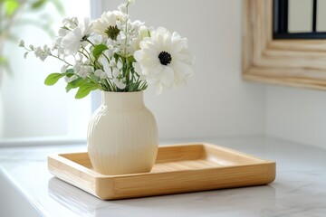 Wall Mural - A beautiful arrangement of white flowers in a vase sits atop a rustic wooden tray