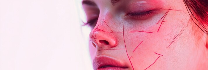 Aufkleber - Close up of a womans face with visible markings and stitches in a beauty treatment studio under soft lighting. Generative AI