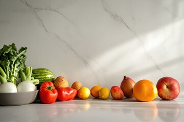 Poster - Fresh fruits and vegetables arranged on a kitchen countertop with marble backdrop during morning light. Generative AI