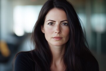 Wall Mural - A close-up portrait of a woman with long hair and a gentle expression