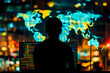 © brave-4K - Global Connectivity: The silhouette of a hacker or programmer working late into the night, with a world map projected behind them.