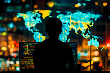 Global Connectivity: The silhouette of a hacker or programmer working late into the night, with a world map projected behind them.