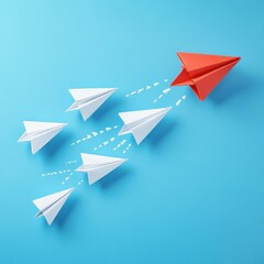 Fototapete - Group of paper planes flying together with one red plane taking a different direction showcasing innovation and creativity. Generative AI