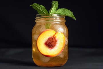 Wall Mural - Fresh peaches and mint arranged in a glass jar for a healthy snack or decorative centerpiece