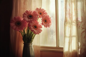 Sticker - A vase filled with pink flowers sits next to a window, perfect for decorating an interior or using as a still life subject