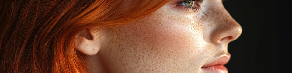 Wall Mural - A close-up shot of a woman's face featuring distinctive freckles