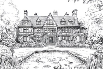 Wall Mural - Grand Tudor Mansion, garden, pond, serene landscape, real estate