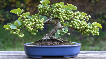 Poster - A small ornamental tree, known as a bonsai, grows in a blue ceramic pot with green grapes