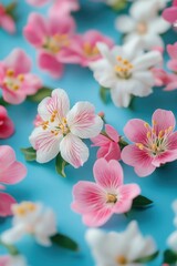 Wall Mural - A colorful arrangement of pink and white flowers on a bright blue surface